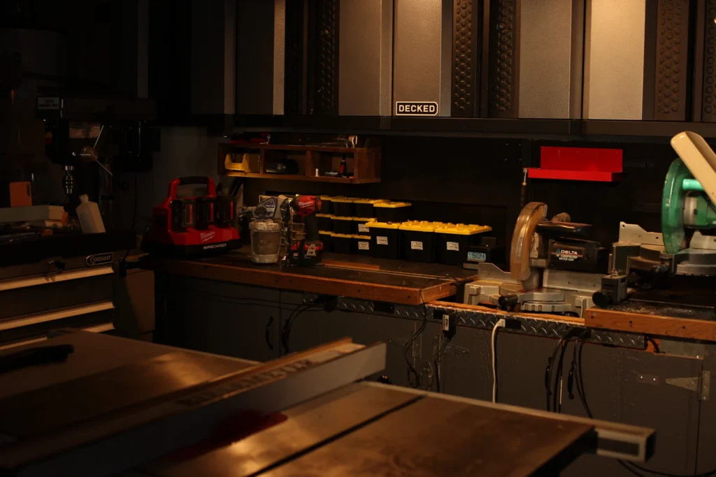 Workbench, tools and woodworking equipment in the Home Repairman workshop